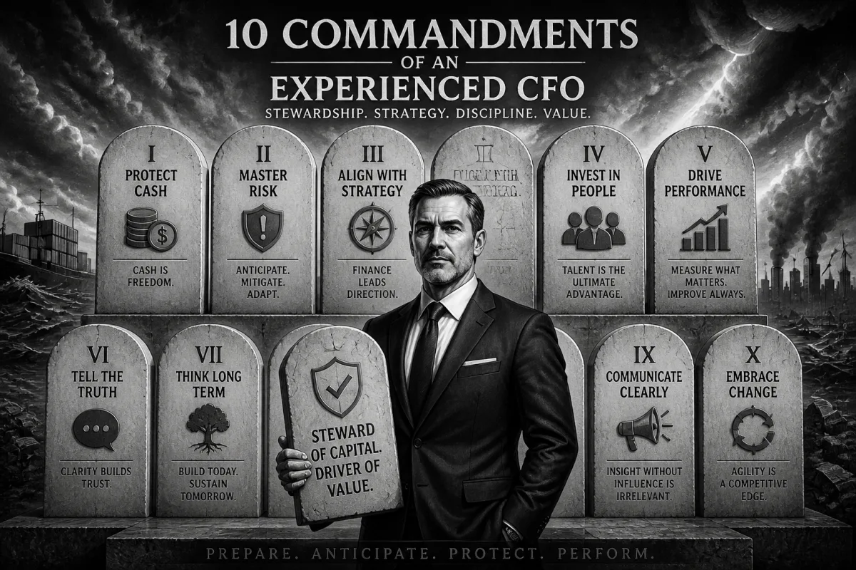 Black-and-white editorial illustration: a CFO in a dark suit stands before ten engraved stone tablets labelled with the commandments of an experienced CFO — Protect Cash, Master Risk, Align With Strategy, Invest in People, Drive Performance, Tell the Truth, Think Long Term, Steward of Capital / Driver of Value, Communicate Clearly, Embrace Change — set against a stormy industrial skyline and headline 'Prepare. Anticipate. Protect. Perform.'
