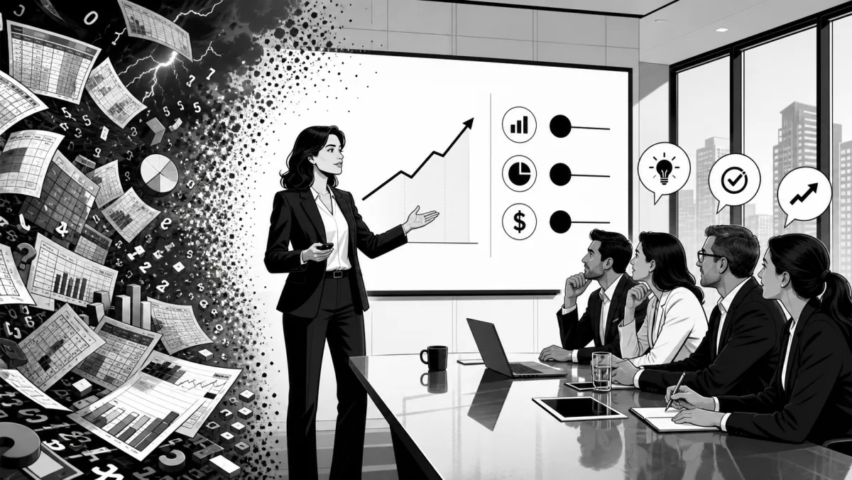 Black-and-white editorial illustration: a woman in a suit presents a rising line chart to a boardroom of seated executives in a glass-walled office; on the left, a vortex of data, papers and digital fragments swirls into the wall, with icons for revenue, ROI and insight floating beside the chart.