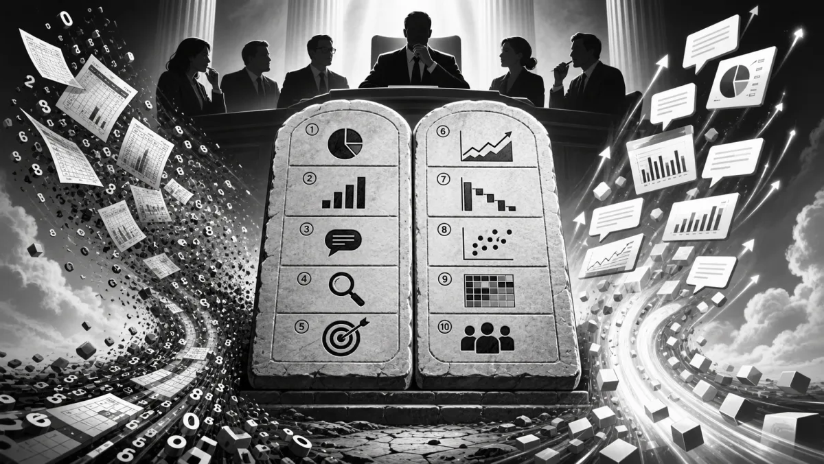 Black-and-white editorial illustration: silhouettes of five business figures behind a podium watch a pair of tall stone tablets carved with ten numbered icons (chart, target, magnifier, speech bubble, people) representing the FP&A storytelling commandments, surrounded by swirls of dashboard fragments and reports.