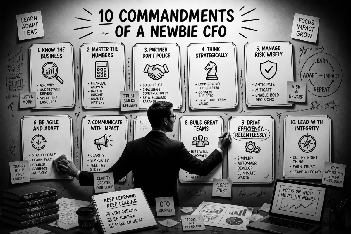 Black-and-white sketched illustration: a man pins ten numbered notecards to a planning wall titled '10 commandments of a newbie CFO' — Know the Business, Master the Numbers, Partner Don't Police, Think Strategically, Manage Risk Wisely, Be Agile and Adapt, Communicate With Impact, Build Great Teams, Drive Efficiency Relentlessly, Lead With Integrity — alongside scribbled margin notes and a CFO journey notebook on the desk.