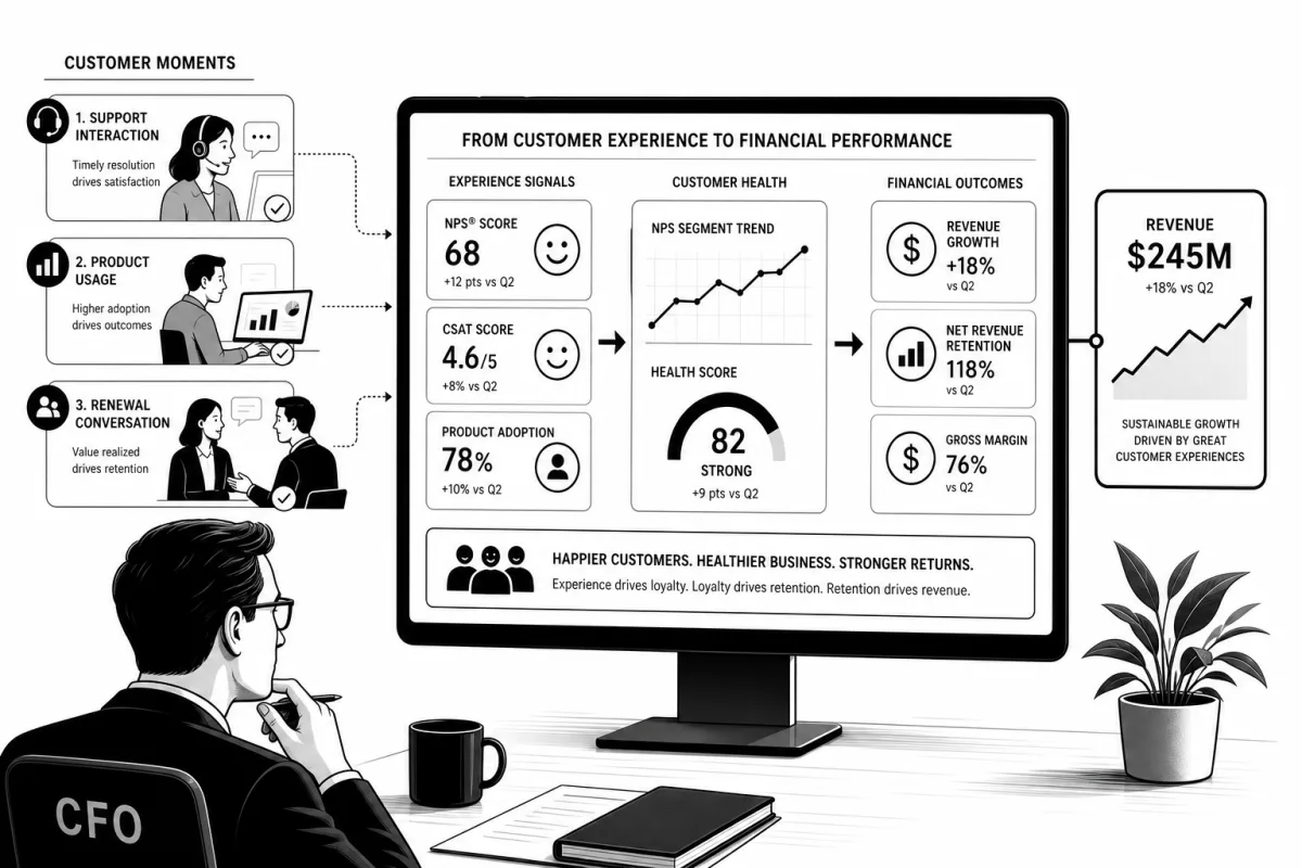 Black-and-white illustration: a CFO at a desk studies a wide dashboard titled 'From customer experience to financial performance' showing NPS score 68, CSAT score 4.6/5, repeat-purchase rate 78%, an NPS-segment trend curve, a health score of 82, revenue growth +18%, ROIC +18%, gross margin +1%, and a rising revenue chart reaching $245M; three small customer-moment vignettes on the left.