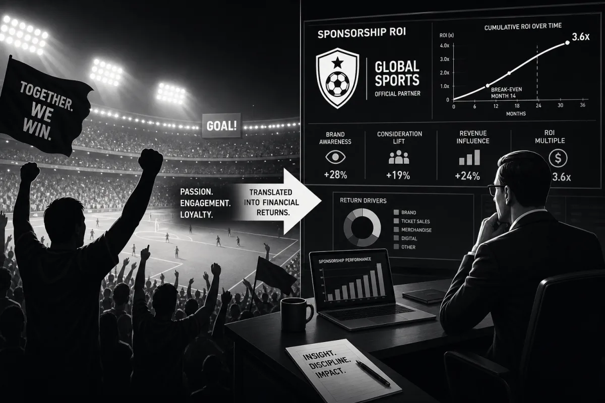 Black-and-white illustration: a packed sports stadium with a cheering crowd waving 'Together. We Win.' and 'GOAL!' flags on the left, a CFO at a desk on the right reviewing a sponsorship-ROI dashboard with 3.6x cumulative ROI over time, brand awareness +28%, consideration lift +19%, revenue influence +24%, and a return-driver donut chart; bridging banner reads 'Passion. Engagement. Loyalty. Translated into financial returns.'