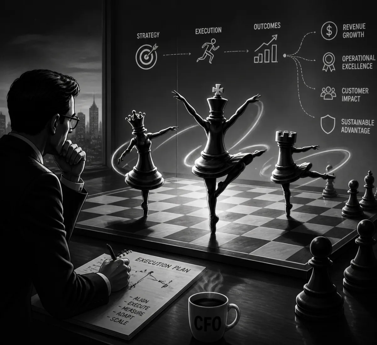 Black-and-white illustration: a CFO writes an 'Execution Plan' at a desk overlooking a glowing chess board where ballet-dancing chess pieces — queen, king, rook — pirouette across the squares; floating icons trace Strategy → Execution → Outcomes leading to Revenue Growth, Operational Excellence, Customer Impact, and Sustainable Advantage.