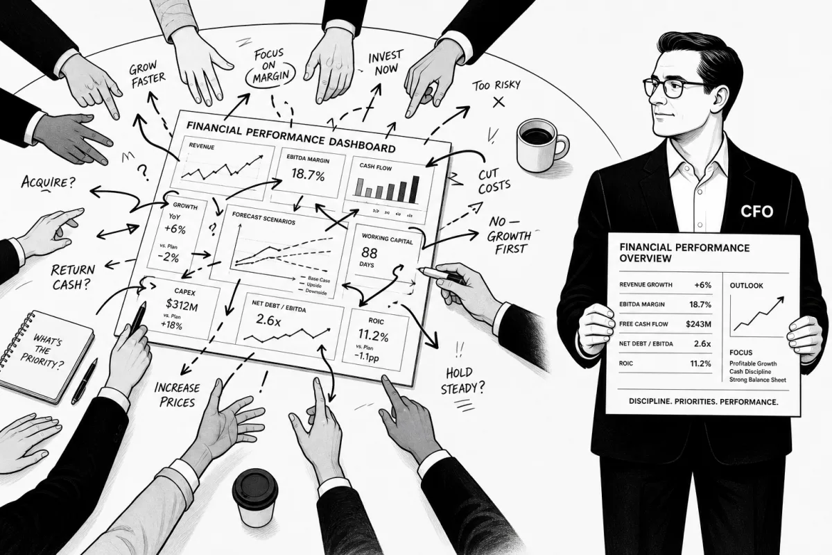 Black-and-white sketched illustration: a calm CFO holds a clean 'Financial Performance Overview' card on the right while on the left many hands point at a chaotic 'Financial Performance Dashboard' covered in scribbled and conflicting suggestions — Grow faster, Focus on margin, Invest now, Acquire?, Hold steady?, Cut costs, Return cash?, Increase prices, No growth first.