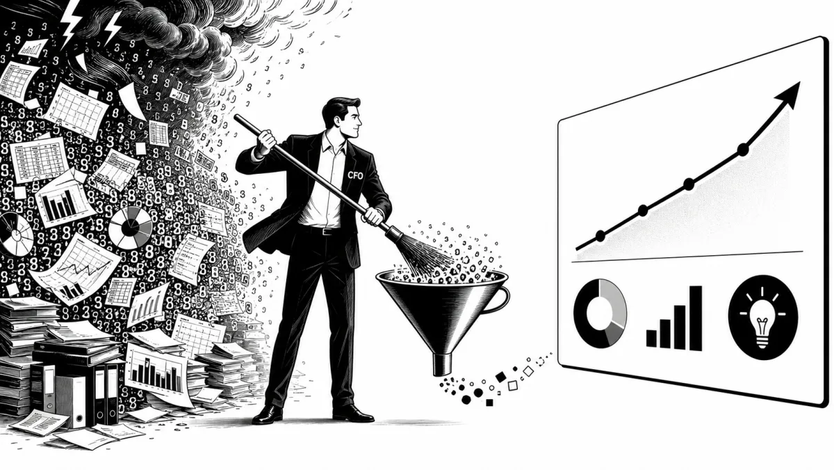 Black-and-white editorial illustration: a CFO in a suit funnels a storm of numbers, charts and reports through a kitchen funnel and turns them into a clean dashboard with a rising trend line, KPI tiles, and a lightbulb icon on the right.