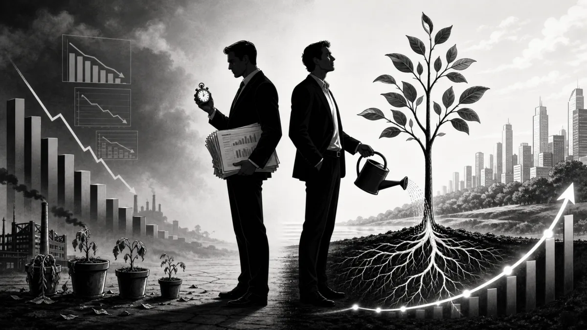 Black-and-white editorial illustration: two suited figures stand back-to-back. The left figure clutches a stack of reports and a stopwatch in front of a crumbling industrial skyline with falling bar charts. The right figure waters a young sapling with deep roots that grow into an upward bar chart against a thriving city skyline.