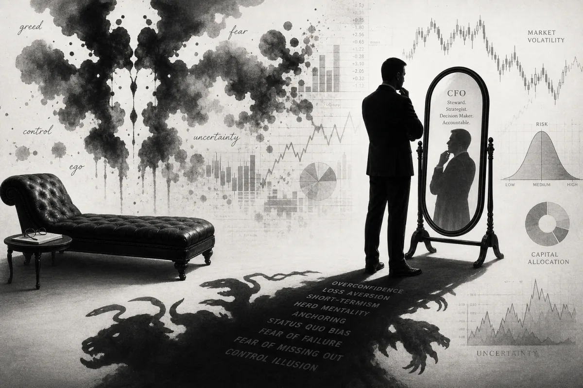 Black-and-white editorial illustration: a CFO in a suit faces a tall mirror that reflects him as 'CFO — steward, strategist, decision-maker, accountable'; behind him a Rorschach inkblot is labelled with bias words (greed, fear, uncertainty, control, ego), and at his feet a tangle of shadow text reads overconfidence, loss aversion, herd mentality, anchoring, status-quo bias, fear of failure, fear of missing out, control illusion; a chaise lounge and a capital-allocation distribution chart frame the scene.