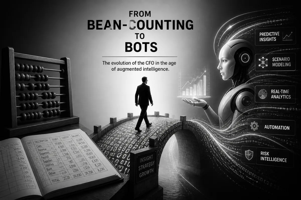 Black-and-white illustration titled 'From bean-counting to bots: the evolution of the CFO in the age of augmented intelligence': a businessman walks a bridge made of ledger pages between an old abacus and ledger book on the left and a robotic humanoid figure on the right, with side panels for predictive insights, scenario modeling, real-time analytics, automation, and risk intelligence.
