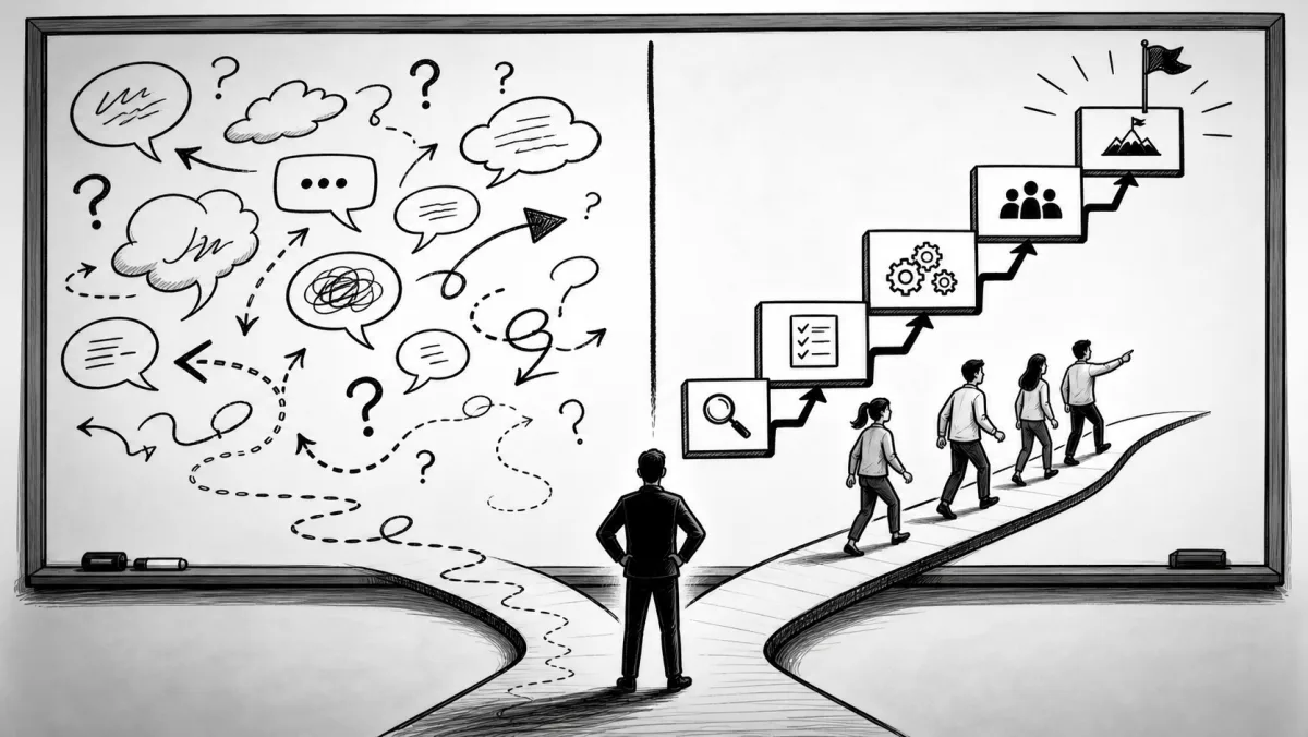 Black-and-white sketched illustration: a figure stands at a fork between two whiteboards. The left board is full of question marks, scribbled arrows and tangled thought bubbles (a view without a way). The right board shows a clean staircase rising past task lists, gears and team icons toward a flag at the top (a clear path to execution).