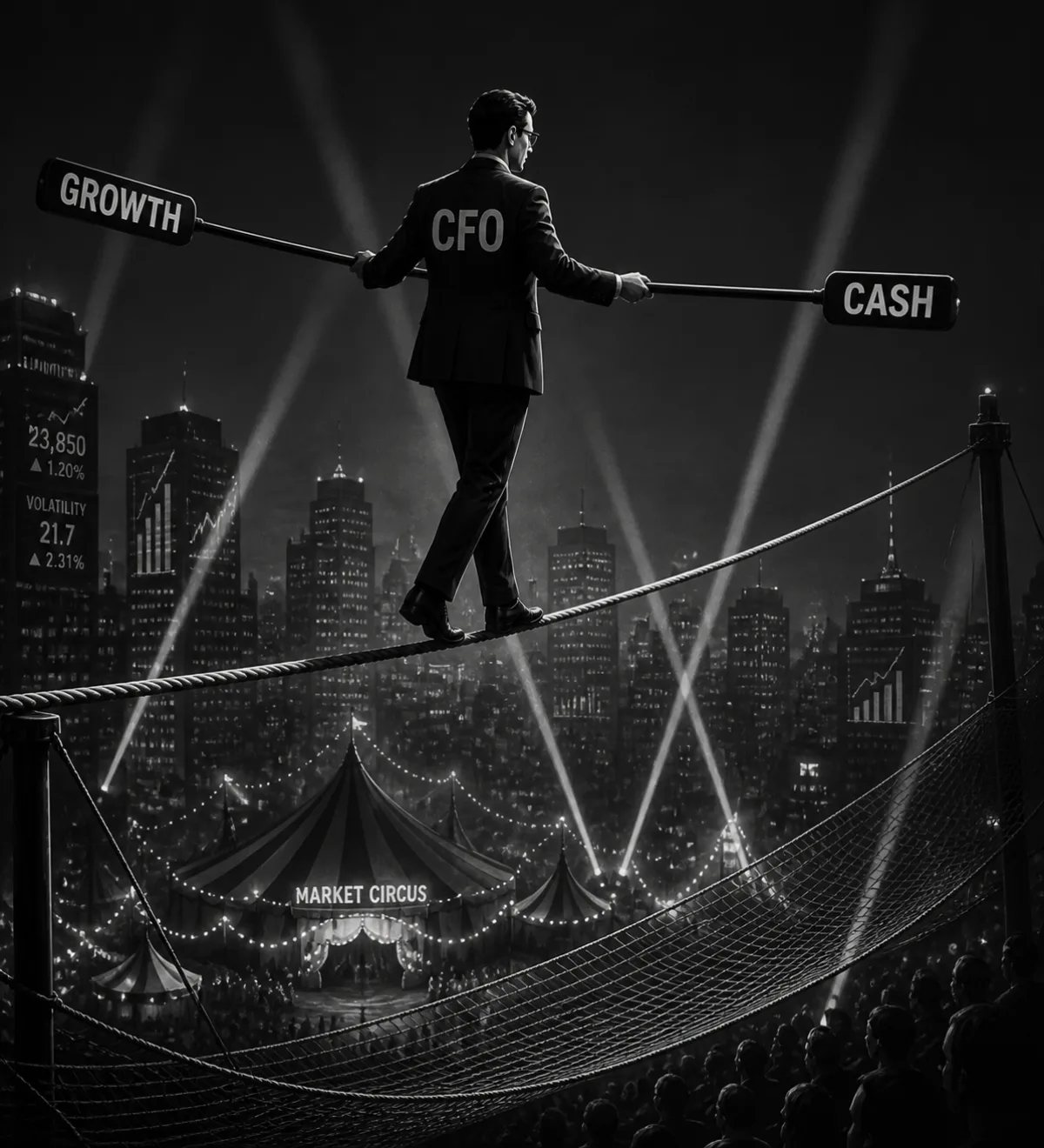 Black-and-white illustration: a CFO walks a tightrope above a city skyline holding a balancing pole labelled 'Growth' on the left and 'Cash' on the right; below him a circus tent reads 'Market Circus' and background tickers show 23,850 +1.20% and Volatility 21.7 +2.31%.