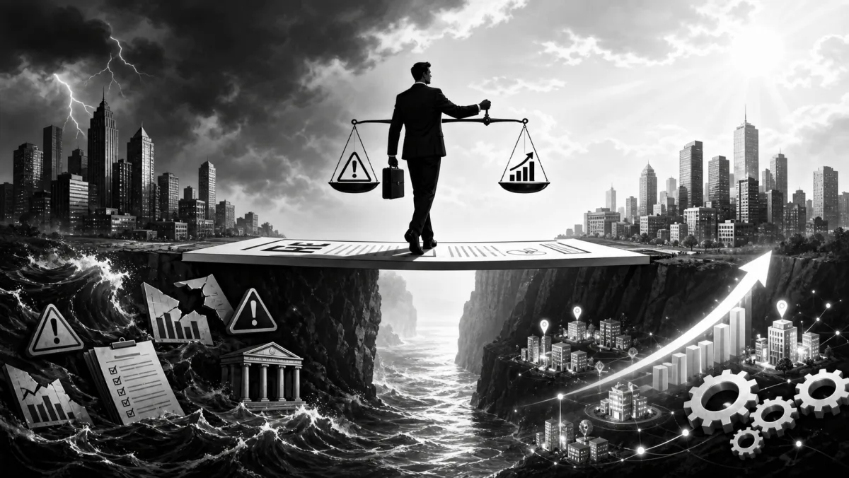 Black-and-white editorial illustration: a businessman crosses a narrow paper-bridge between two cities, holding a set of scales that balance a warning triangle against a rising chart. Left side stormy with caution icons over rough seas; right side bright with gears, lightbulbs and a growth curve.