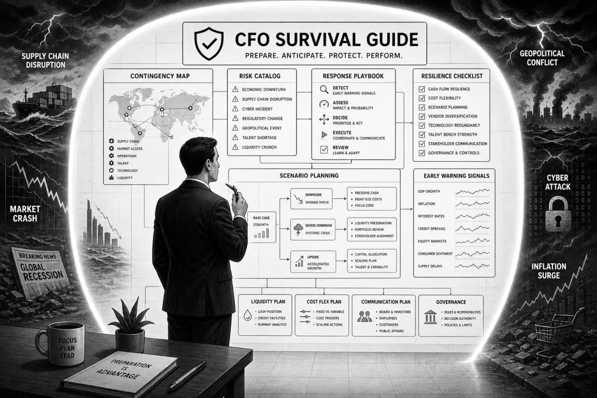 Black-and-white illustration: a CFO stands before a large wall display titled 'CFO Survival Guide: Prepare. Anticipate. Protect. Perform.' containing a contingency map, risk catalog, response playbook, resilience checklist, scenario planning, early warning signals, and liquidity / cost-flex / communication / governance plans, framed by scenes of supply-chain disruption, market crash, cyber attack, geopolitical conflict, and inflation surge.