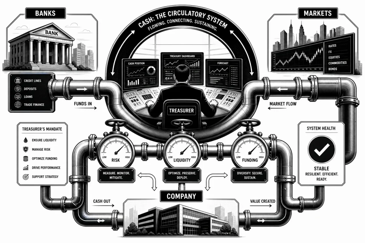 Black-and-white technical illustration titled 'Cash: the circulatory system — flowing, connecting, sustaining'; a Treasurer at a control desk in the centre is connected by pipework to Banks on the left and Markets on the right, with three gauges labelled Risk, Liquidity and Funding feeding into a Company icon at the bottom and a System Health 'Stable' indicator on the side.