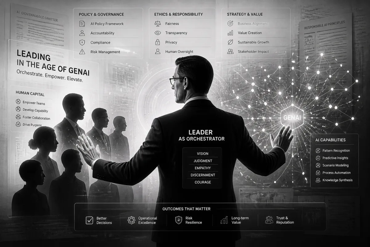 Black-and-white editorial illustration titled 'Leading in the age of GenAI: Orchestrate. Empower. Elevate.' A central CFO labelled 'Leader as Orchestrator' (vision, judgment, empathy, discernment, courage) gestures between a row of silhouetted team members on the left and a network of glowing nodes converging on a 'GenAI' hub on the right; surrounding panels list Policy & Governance, Ethics & Responsibility, Strategy & Value, AI Capabilities and Human Capital, with outcomes Better Decisions, Operational Excellence, Risk Resilience, Long-term Value, Trust & Reputation.