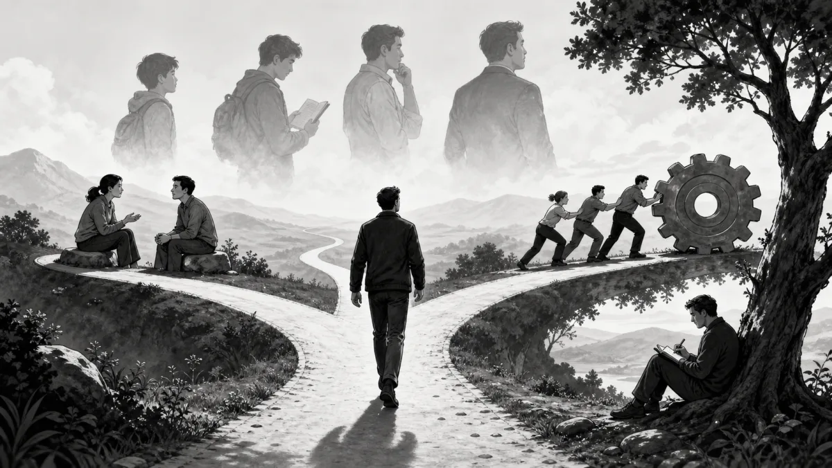 Black-and-white sketched illustration: a man stands at a forked path looking forward, while four ghostly silhouettes of his past selves recede into the sky above. To either side, vignettes of his journey play out — two people in conversation, colleagues pushing a giant gear uphill, a figure reading under a tree.