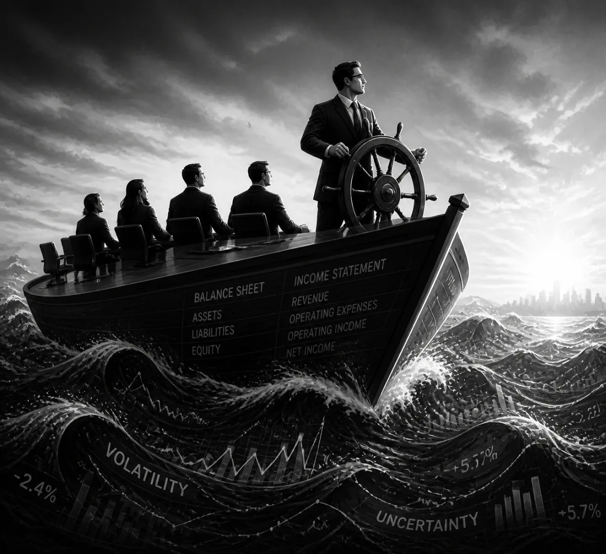 Black-and-white illustration: a senior figure stands at the helm of a small ship navigating choppy seas, with four colleagues seated at the boat's bench labelled 'Balance Sheet' and 'Income Statement' (assets, liabilities, equity, revenue, operating expenses, operating income, net income); the waves below show market data — Volatility -2.4%, Uncertainty +5.7%.