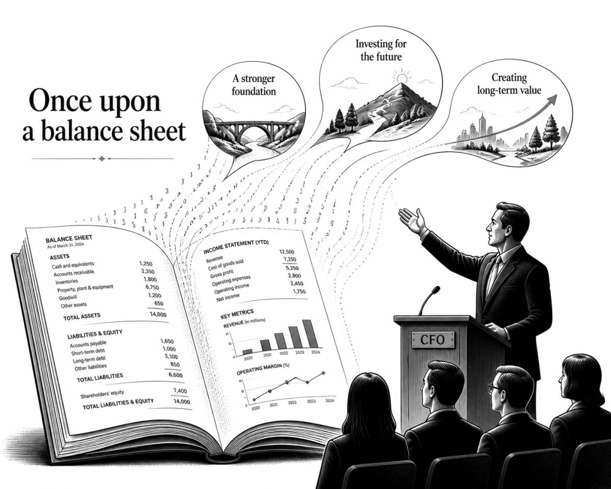 Black-and-white sketched illustration: a CFO speaks from a podium to a small seated audience while an open balance-sheet book in the foreground releases three story bubbles — 'a stronger foundation', 'investing for the future', 'creating long-term value' — beside income statement and KPI chart pages.