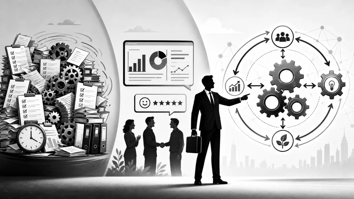 Black-and-white editorial illustration: a CFO in a suit gestures from the centre. Left: a vortex of paperwork, gears and old ledgers swirls into a wall (the old output-focused work). Centre: silhouetted figures shake hands beneath a dashboard with a smiling-face rating. Right: a connected ring of gears, people-icons, lightbulb and growth chart representing a systems-thinking approach.