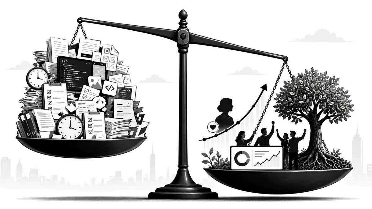 Black-and-white illustration: a set of balance scales. The left pan is overflowing with paperwork, clocks, code and checklists — sheer volume of output. The right pan holds a single tree growing from rooted ground, with a small team beneath it celebrating, representing outcome.
