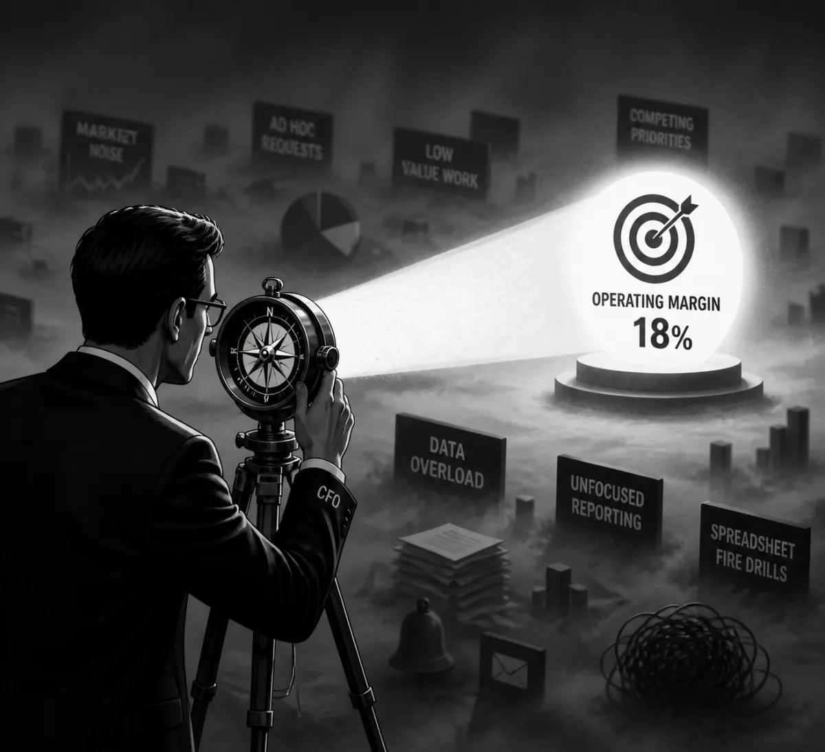 Black-and-white illustration: a man in a suit looks through a long brass telescope on a tripod, its focused beam highlighting a single platform reading 'Operating Margin 18%', while a fog of unfocused distractions — market noise, ad-hoc requests, low value work, data overload, unfocused reporting, spreadsheet fire drills — fades into the background.