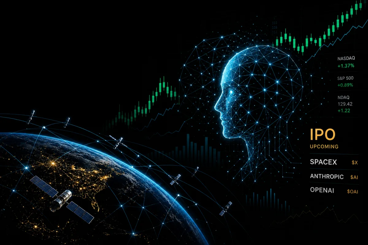 Editorial illustration on a black field: Earth with a satellite constellation orbiting in the lower-left, a wireframe AI head rendered in polygonal blue mesh on the right, a green candlestick chart rising in the background, market index tickers (NASDAQ, S&P 500, NDAQ) at upper-right, and an 'IPO Upcoming' panel listing SpaceX, Anthropic, and OpenAI with $X, $AI, $OAI tickers on the right margin.