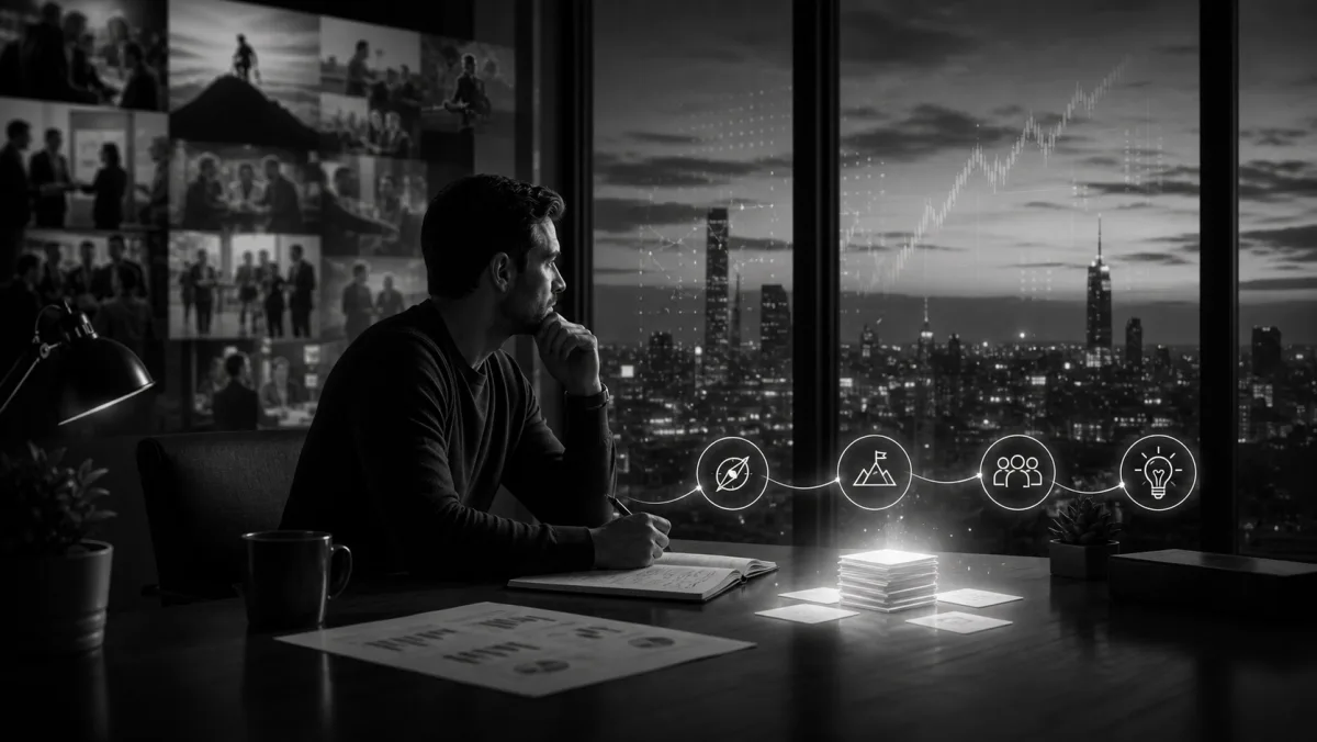 Black-and-white photograph-style image: a man sits at his desk in a high-rise office at dusk, gazing out at a city skyline. A grid of memory-style smaller photos covers the back wall. A glowing dashboard with strategy, risk, team and idea icons sits on the desk beside his notebook.