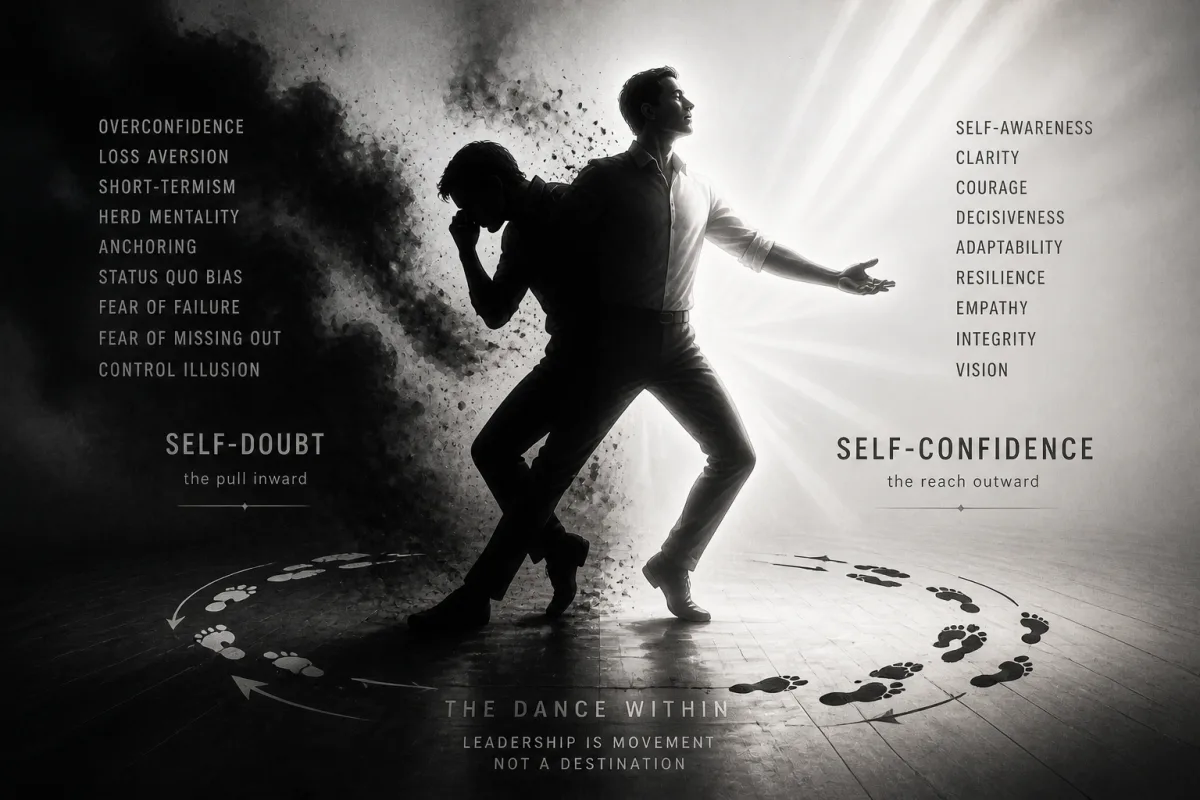 Black-and-white illustration titled 'The dance within — leadership is movement, not a destination'; two silhouettes dance — a shadow figure on the left labelled 'Self-doubt: the pull inward' (overconfidence, loss aversion, short-termism, herd mentality, anchoring, status quo bias, fear of failure, fear of missing out, control illusion) and a lit figure on the right labelled 'Self-confidence: the reach outward' (self-awareness, clarity, courage, decisiveness, adaptability, resilience, empathy, integrity, vision).