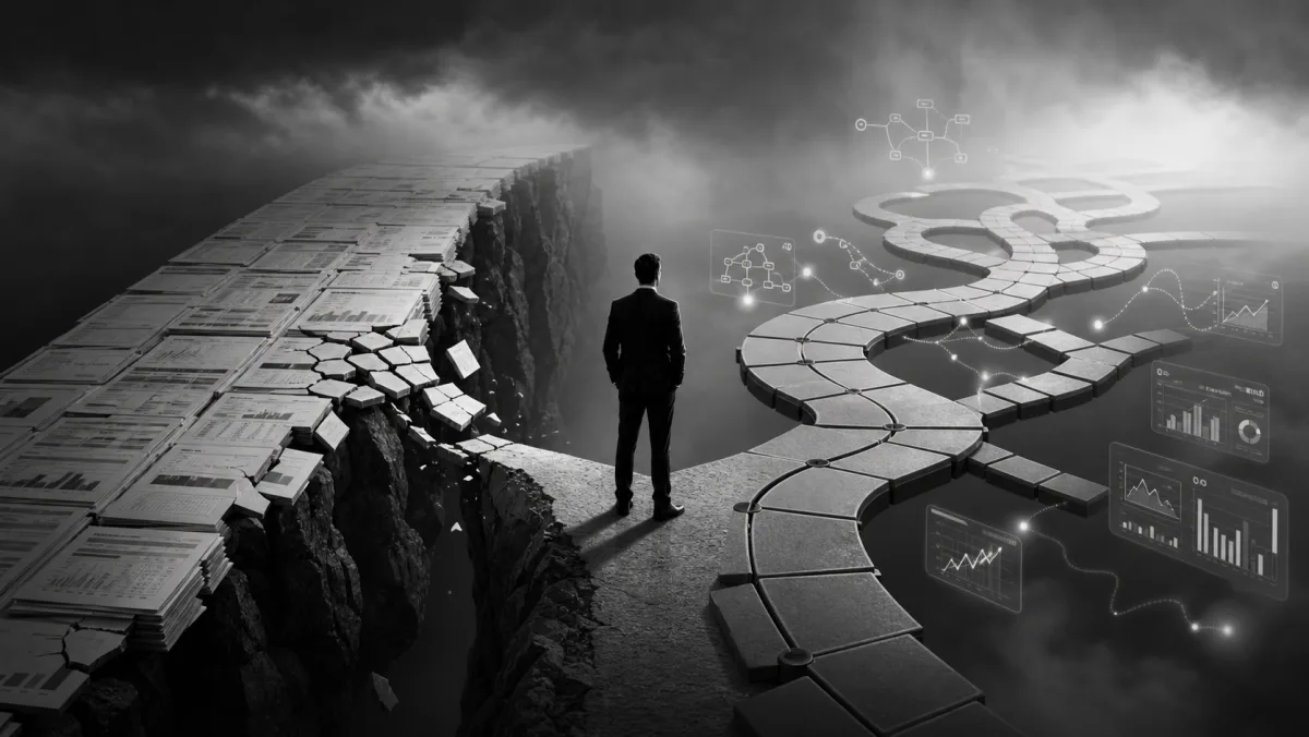 Black-and-white editorial illustration: a businessman stands at the edge of a crumbling cliff of static documents and rigid plans on the left, looking toward a winding, modular path on the right that floats across the chasm, lined with dashboards, KPI tiles and connected data nodes.