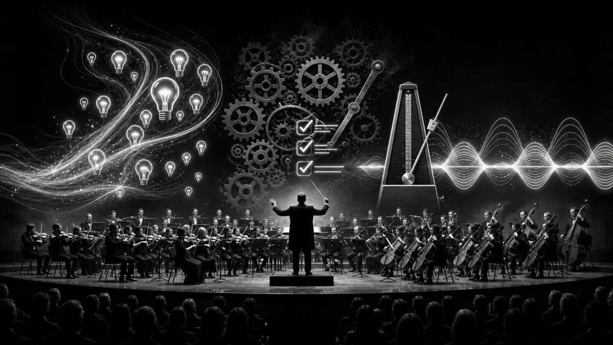 Black-and-white illustration: a conductor leads a full symphony orchestra on stage. Above the orchestra float three overlapping visual themes — a swirl of glowing lightbulbs (ideas), a cluster of gears with check-mark tasks (execution), and a metronome with sound waves (consistency).