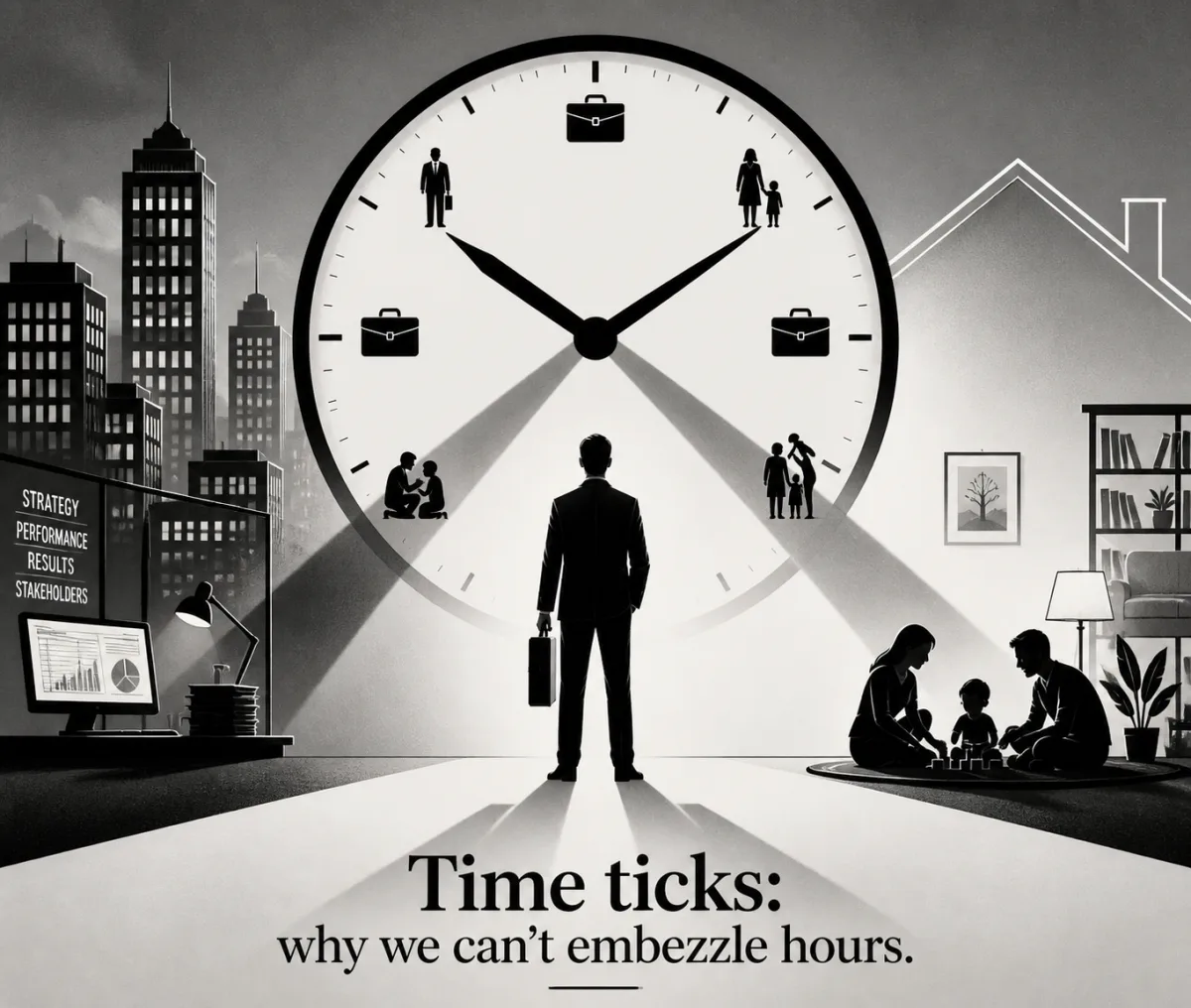 Black-and-white illustration: a man with a briefcase stands in front of an enormous clock that splits the scene; on the left an urban office skyline with strategy / performance / results / stakeholders monitors; on the right a domestic interior with a family playing on the floor; caption below reads 'Time ticks: why we can't embezzle hours.'