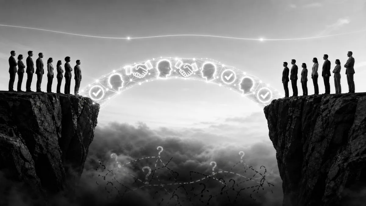 Black-and-white photograph-style image: two groups of business figures stand on opposing cliff tops, separated by clouds and a chasm where question marks hover. Above them, a glowing arch of connected icons — handshakes, faces, check-marks — bridges the gap.
