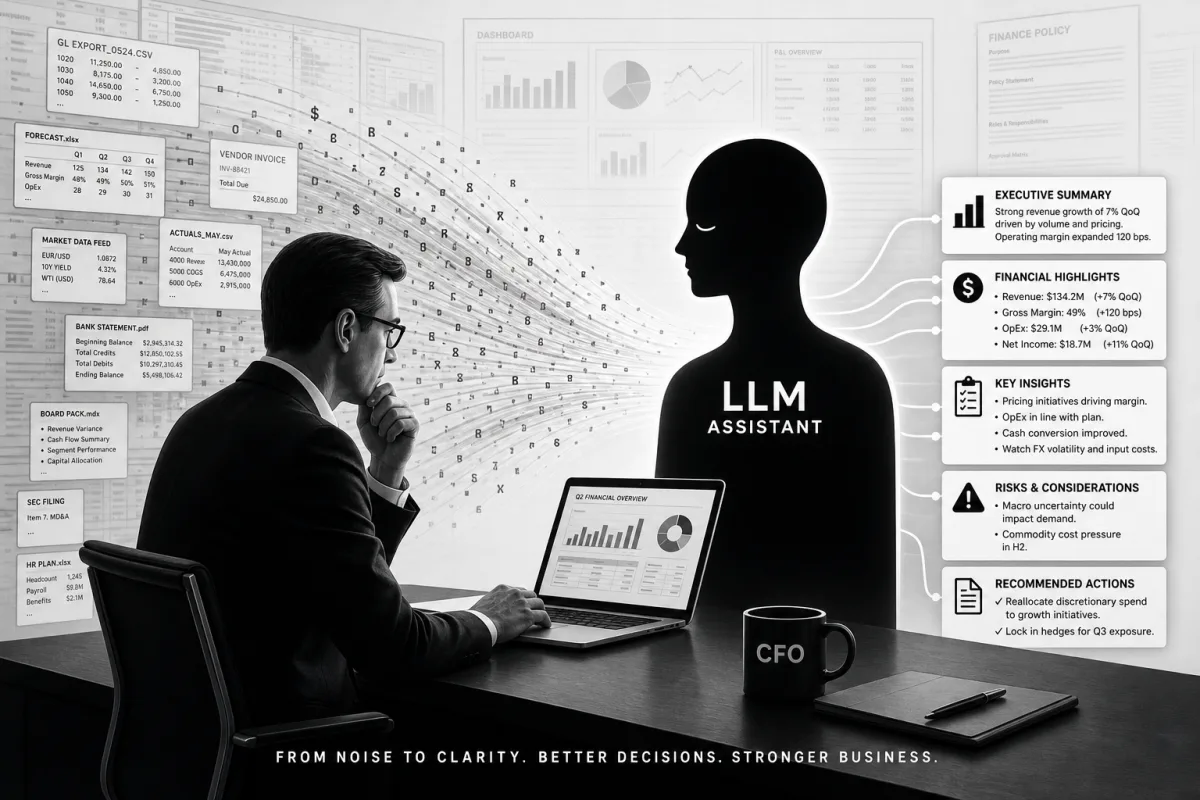 Black-and-white illustration: a CFO at a laptop works alongside a silhouetted 'LLM Assistant' figure; panels of vendor invoices, market data and forecast tabs on the left flow into the LLM and out as a finance dashboard on the right — executive summary, financial highlights (revenue, gross margin, OpEx, net profit), key insights, risks & considerations, recommended actions; tagline 'From noise to clarity. Better decisions. Stronger business.'