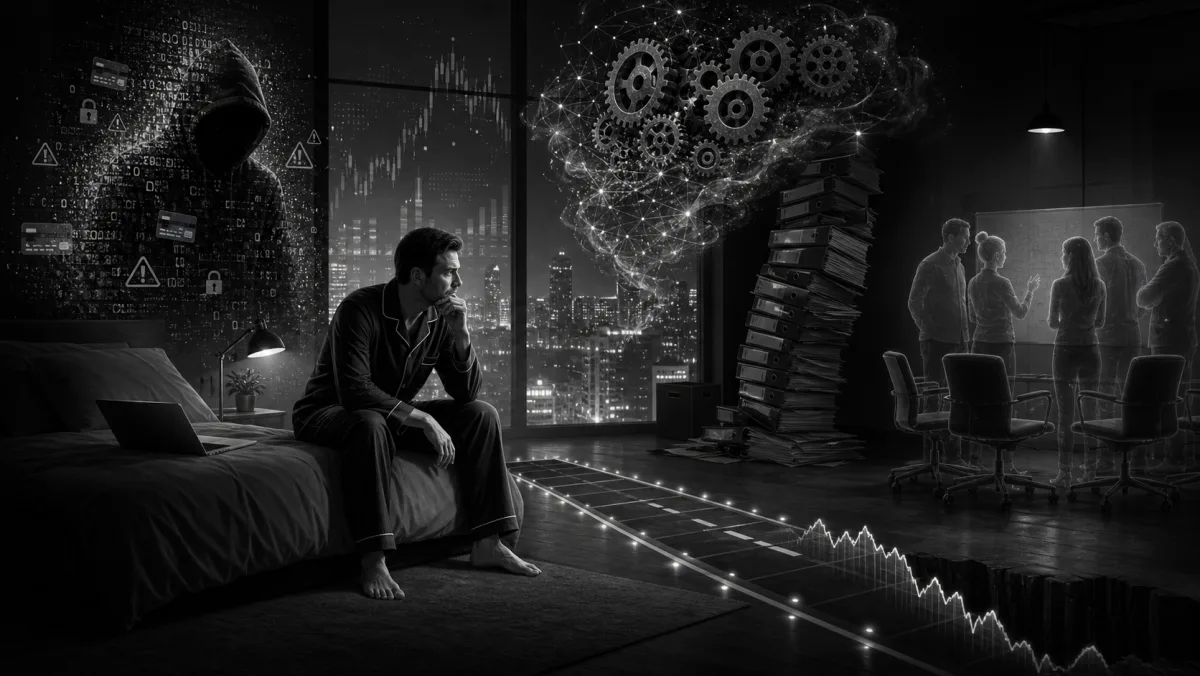 Black-and-white nocturnal illustration: a man in pyjamas sits sleepless on the edge of his bed, looking out a high-rise window at a glowing financial chart on the city skyline. Around him: a hooded hacker silhouette on a pixelated wall (left), a cloud of gears and data fragments above (centre), and a ghostly boardroom meeting (right).
