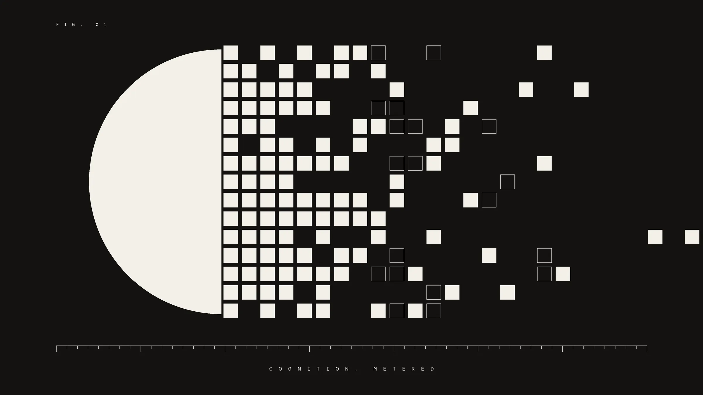 A minimalist cover on a near-black canvas: a solid cream semicircle on the left dissolves rightward into a grid of small squares that thin out and scatter — some solid, some outlined — like capacity breaking into billable units. A fine ruler scale runs beneath, labelled 'Cognition, metered' in spaced white capitals, with a small 'Fig. 01' mark top-left.