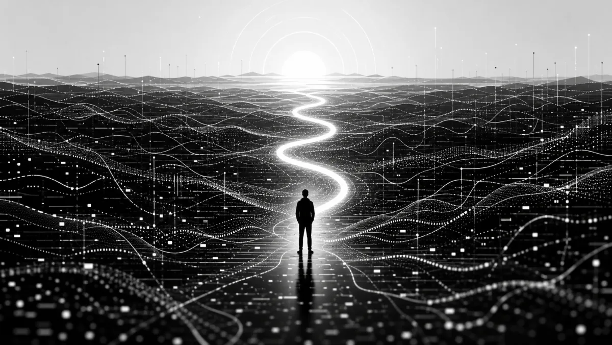 Black-and-white minimalist illustration: a lone figure stands on a digital plain made of flowing data points and grid lines, looking toward a glowing path that winds up to a bright sun on the horizon. Mountains in the background dissolve into data streams.