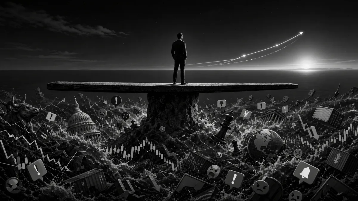 Black-and-white editorial illustration: a single figure stands atop a wide stone platform raised above a sea of crashing icons — government domes, broken charts, exclamation triangles, alarm bells, globes — calmly watching an upward arc of glowing dots rise toward the horizon.