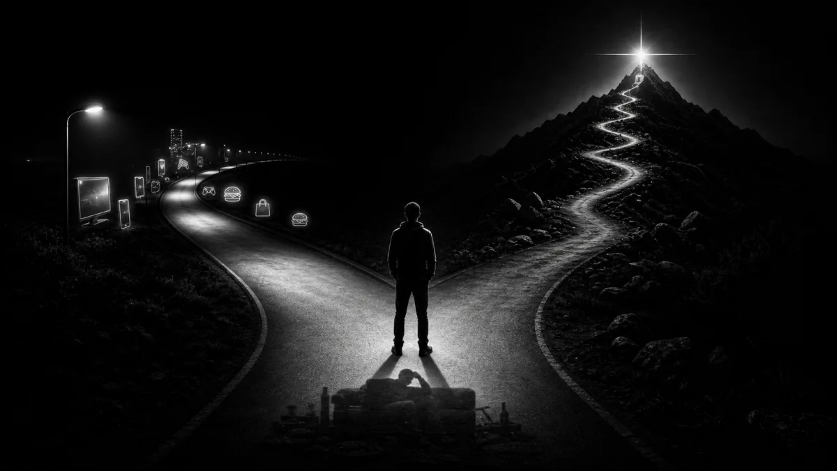 Black-and-white illustration: a lone figure stands at a fork in the road at night. To the left, a flat city street with shop fronts and a streetlamp. To the right, a winding path climbs a steep mountain toward a glowing star at the summit.